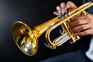 Obraz premium Detailed view of a trumpet in mid-play, focusing on the texture of the brass, the musicianâ€™s fingers on the valves, and the fine reflections of light on the polished surface