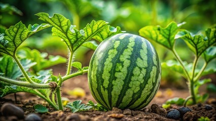 Lush Green Watermelon Plant Leaves with Vibrant Texture and Intricate Veins in Natural Garden Setting