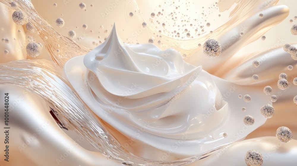 Poster an artistic 3d composition of body cream with swirling textures, surrounded by abstract metallic ele