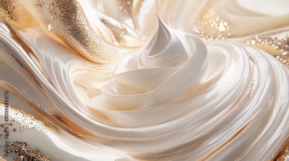 Poster an artistic 3d composition of body cream with swirling textures, surrounded by abstract metallic ele