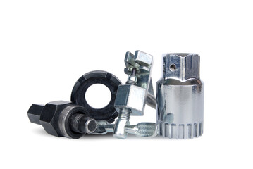 metal tools for bicycle repair on a white background