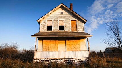 Sunset casting long shadows on a weathered, abandoned house with boarded-up windows and a broken fence   abandoned house at sunset, dramatic lighting