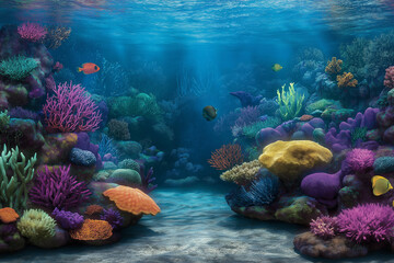 Naklejka premium Coral reef underwater scene with colorful fish in clear blue water, showcasing the beauty of marine life in a tropical setting, perfect for diving and snorkeling adventures