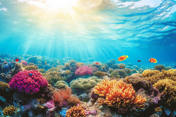 Naklejka premium Underwater images of beautiful multi-colored shallow corals, sea anemones and schools of fish, and sunlight streaming in from above.