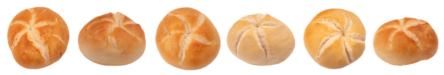 die Semmel, Kaiserbrötchen ohne Hintergrund, isoliert PNG, Satz mit 6 Rollen
