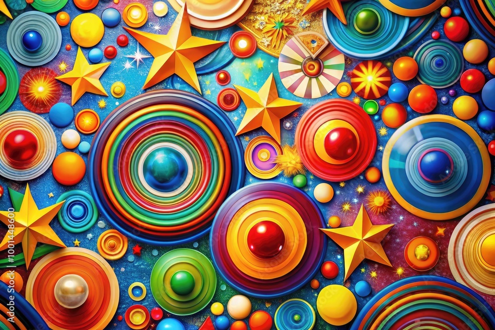 Poster colorful abstract design featuring circles and stars creating a vibrant and dynamic composition