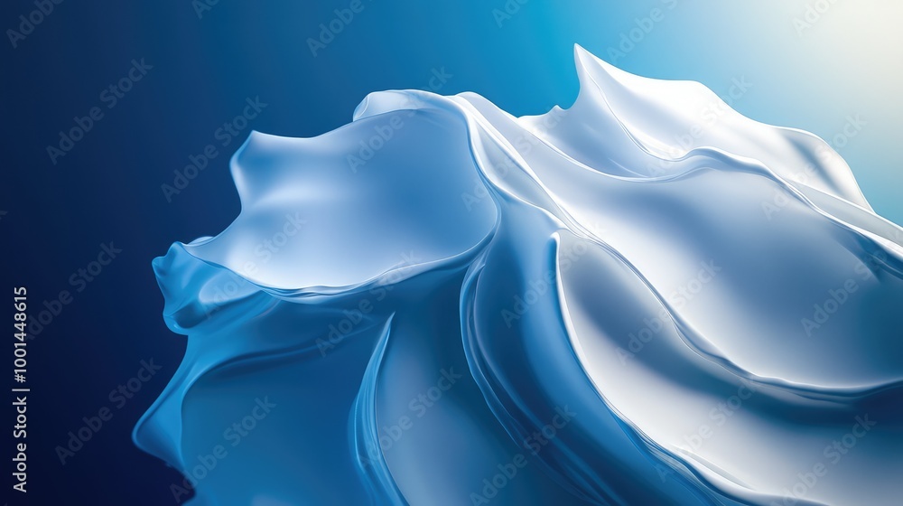 Poster an artistic 3d rendering of body cream with flowing shapes, illuminated by elegant light beams on a 