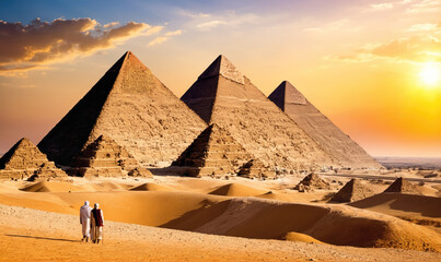 Two people walk towards the Great Pyramids of Giza, Egypt, at sunset