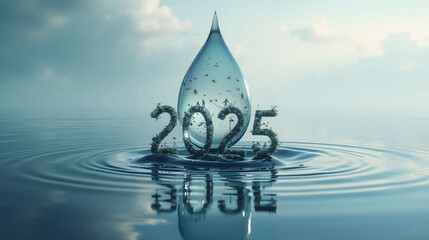 Fototapeta premium Water ripple effect with 2025 numbers and droplets