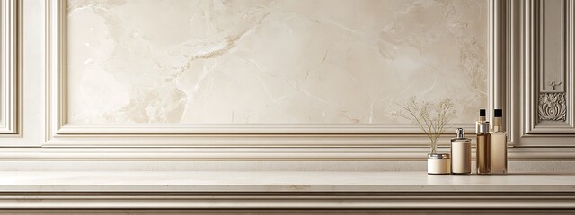 Beige tabletop on classic wall panels background. Empty concrete countertop for cosmetics, drinks and food presentation. Clean marble desk for advertising design, 