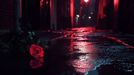 16. Dark alley flower bloom lit by neon lights as rainwater pools in the cracked pavement