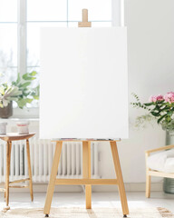 Minimalist Scandinavian indoor aesthetic Vertical poster board, sign on stand mockup, European interior living room aesthetic