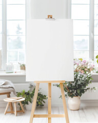 Minimalist Scandinavian indoor aesthetic Vertical poster board, sign on stand mockup, Casual interior aesthetic, living room sign with blanket and flowers