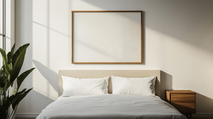 Modern style bedroom interior with a beige bed and a mock up frame for wall decoration