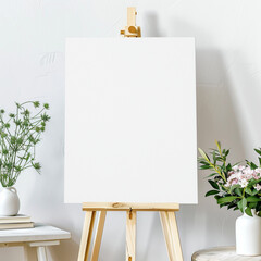 Minimalist Scandinavian indoor aesthetic Vertical poster board, sign on stand mockup with bud vase and plants