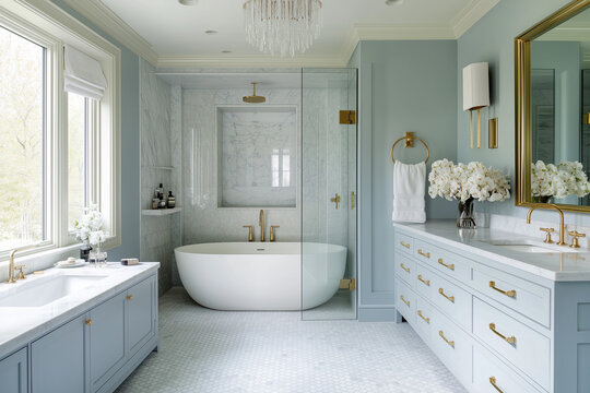An elegant master bathroom featuring a large freestanding tub and a custom marble vanity with twin sinks. The floor is covered in hexagonal tiles, and the walls are painted in a soothing pale blue. Go