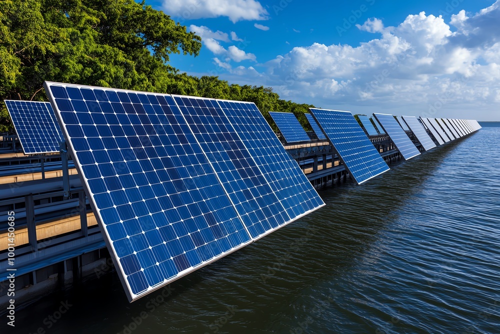 Poster digital 3d floating solar farm, where solar panels hover over the surface of a calm, virtual ocean, 