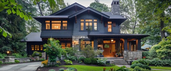 Charming craftsman house in slate gray, stone foundation, wooden details, and lush landscaping.