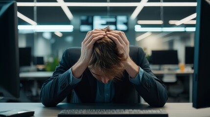 Fototapeta premium Stressed businessman sitting in modern office, holding head in hands, experiencing burnout and frustration.