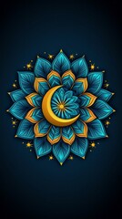 Vibrant mandala design featuring a crescent moon and intricate floral patterns in blue and gold.