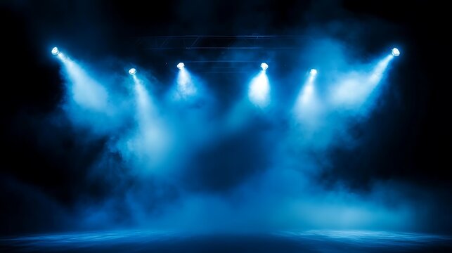 
Illuminated stage with scenic lights and smoke. Blue vector spotlight with smoke volume light effect on black background. 
