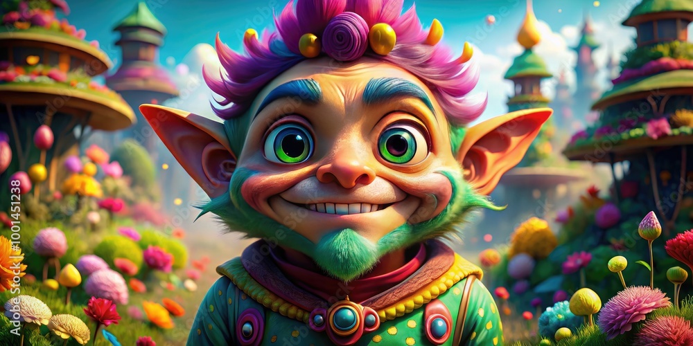 Poster colorful and wacky cartoon character with exaggerated features in a whimsical fantasy setting