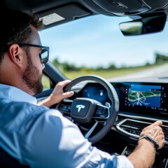 Naklejka premium A man driving an electric car on a sunny day, focusing on the road while using the car's advanced navigation system.