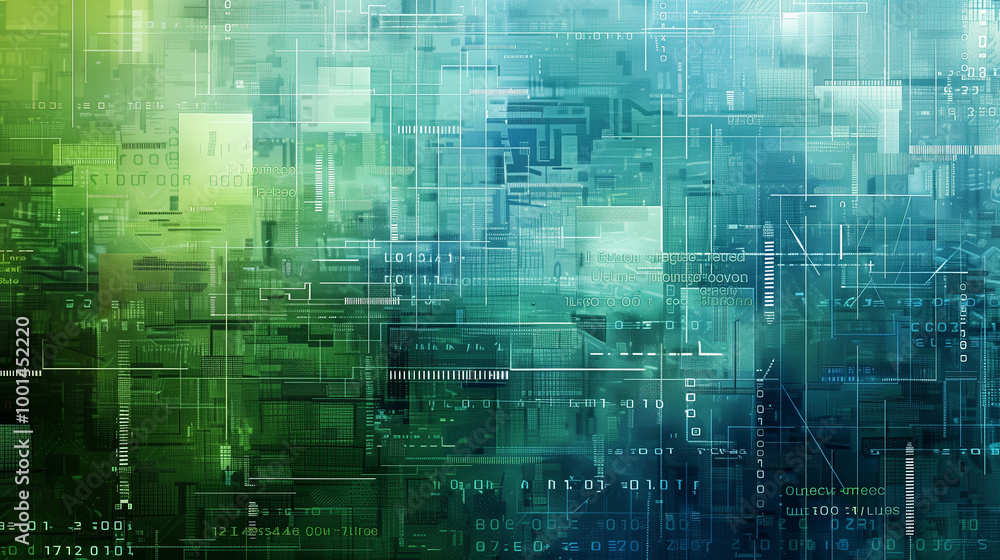 Poster abstract tech background featuring overlapping layers of transparent blue and green data grids with 