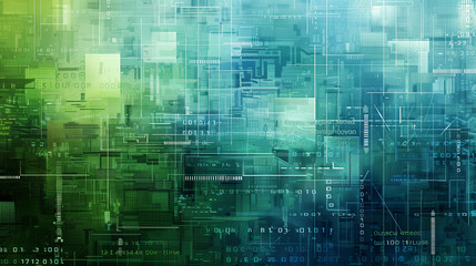 Obraz premium Abstract tech background featuring overlapping layers of transparent blue and green data grids with floating geometric shapes and binary code. cyber tech wallpaper