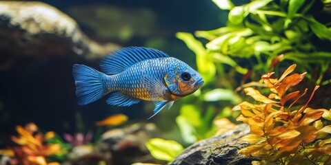 Vibrant Blue Acara Swimming in Aquatic Habitat