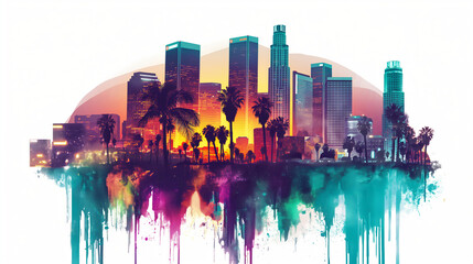 an urban cityscape in the cyberpunk style, with neon lights and futuristic buildings, featuring palm trees in the background. The design includes glitch effects and paint drips