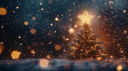 Glowing Christmas Tree with Star in Winter Wonderland