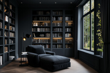 Fototapeta premium A monochromatic home library with floor-to-ceiling built-in bookshelves and a cozy reading nook. The walls and shelves are painted a deep charcoal gray, with a plush black velvet armchair positioned b