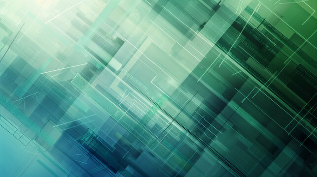 Abstract tech background featuring overlapping layers of transparent blue and green data grids with floating geometric shapes and binary code. cyber tech wallpaper