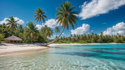 Tropical beach with palm trees and a small hut, crystal clear waters and forest in the distance