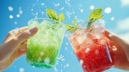 
Two hands clinking plastic cups of green and red juice, with splashes upwards against the blue sky. The drinks have ice cubes in them, and one is garnished with mint leaves