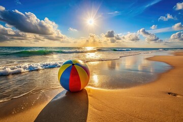 Obraz premium Colorful Beach Ball on Sandy Shore with Gentle Waves and Bright Sunshine in a Relaxing Coastal Scene