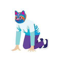 The boy imitates a cat and stands in a cat pose on fours. Useful physical activity combined with a modern hobby. Unusual subculture. Hand drawn simple colored vector illustration.
