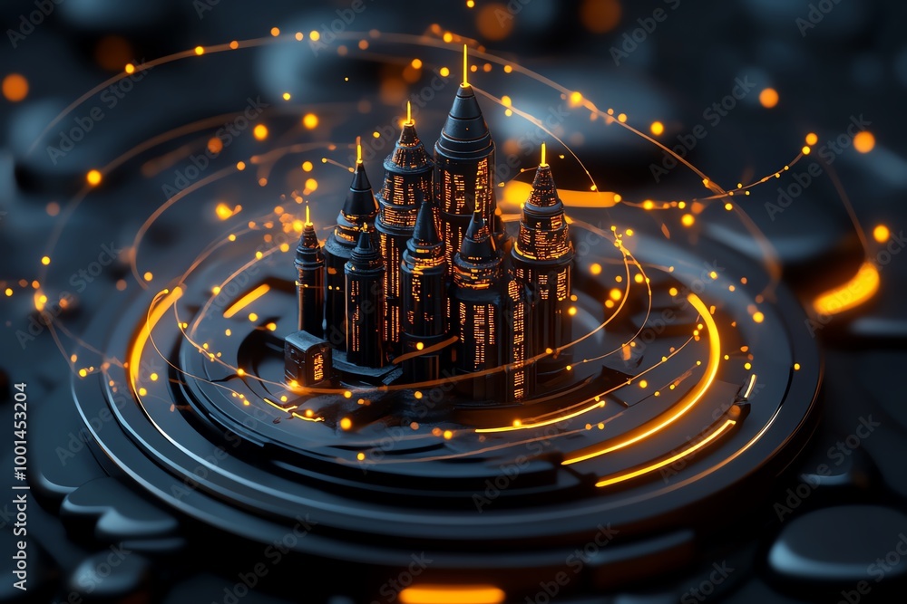 Poster digital fortress under magical protection, with glowing lines of code swirling in the air, forming p