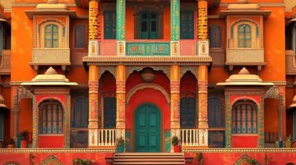 Fototapeta premium A lively traditional Indian Haveli with bold colors and ornate architectural elements, reflecting the rich cultural history.