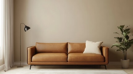 Mock up frame in a spacious empty room with light taupe walls and a comfortable brown leather sofa