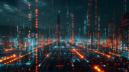 Fototapeta premium Futuristic digital landscape with glowing neon circuits and holographic data streams, set against a dark grid-like background. cyber tech wallpaper