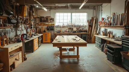 A woodworking shop with a large workbench, equipped with clamps, saws, and other tools.