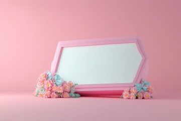 A pink sign with flowers on it sits on a pink background