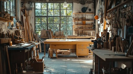 A cozy, well-lit woodwork shop with finished wooden items, emphasizing the creative environment.