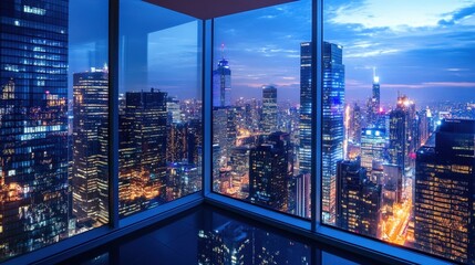 A room in a high-rise building with an unobstructed night view of the bustling city and glowing skyscrapers.