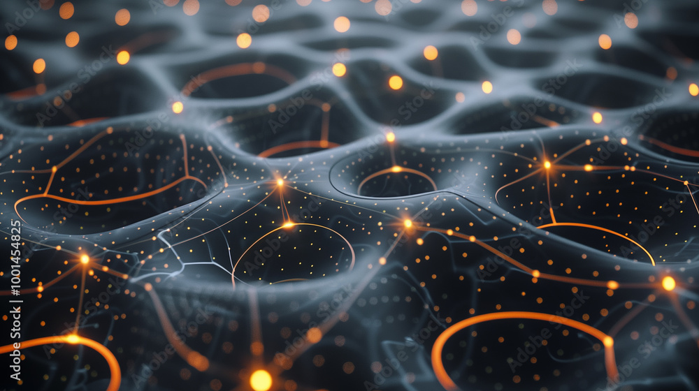 Poster high-tech abstract background with interconnected glowing nodes and data points, forming a neural ne