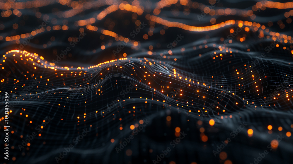 Poster high-tech abstract background with interconnected glowing nodes and data points, forming a neural ne