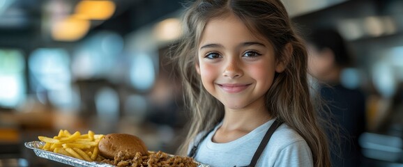 Happy young girl holding a tray of fast food
