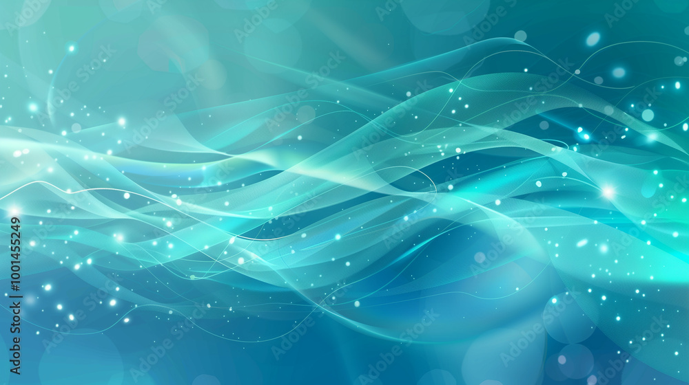 Poster minimalist digital tech background with smooth, gradient waves in shades of blue and teal, intersect
